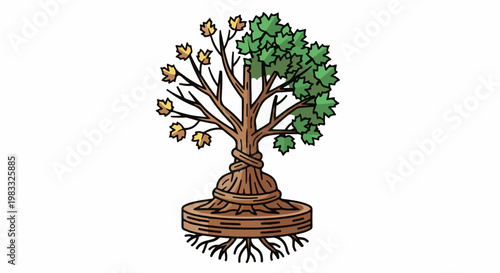 Stylized tree with half green leaves and half autumn leaves