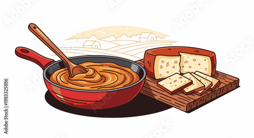 Rich cheese sauce in a pan with a spoon, beside cheese slices on a board