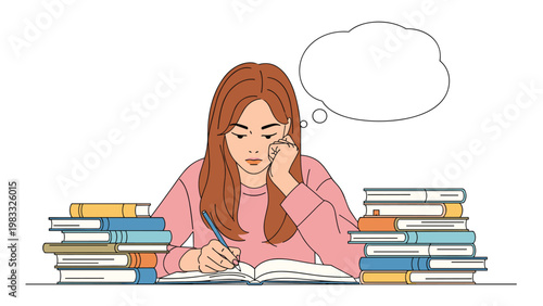 Focused student girl writing in notebook surrounded by stacks of books with thought bubble for creative ideas.