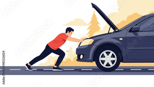 Determined man in red shirt pushing broken-down car on roadside after engine failure with open hood situation.