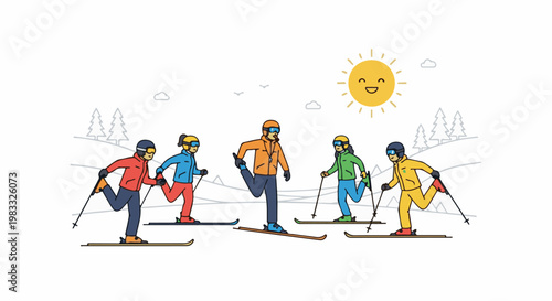 Sunny day ski lesson with a group of skiers doing warm-up exercises