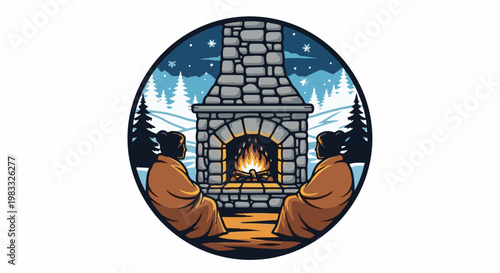 Cozy winter scene with two figures warming by a stone fireplace at night