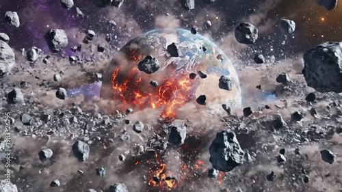 Planet Earth breaking apart with fiery core in deep space