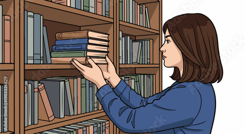 Person reaching for books on a bookshelf