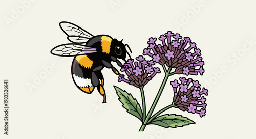 Bumblebee collecting nectar from a cluster of purple flowers