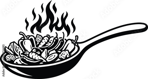 Sizzling frying pan with vegetables, spicy stir fry cooking vector