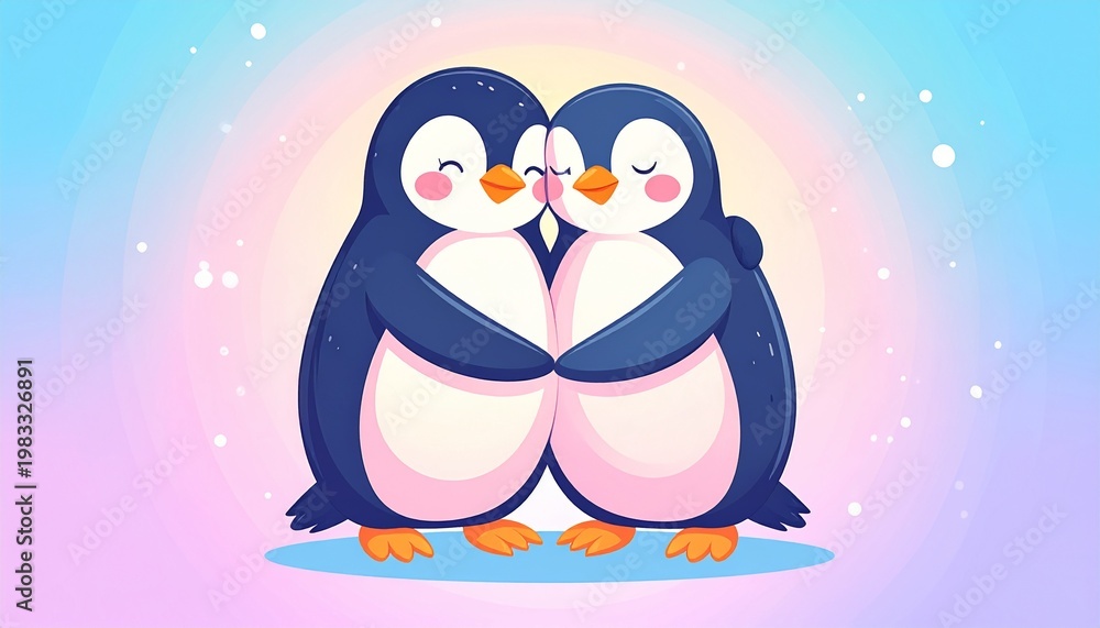 Obraz premium Cute Penguin Couple Hugging for World Penguin Day, Romantic Penguins Illustration on Soft Pastel Background