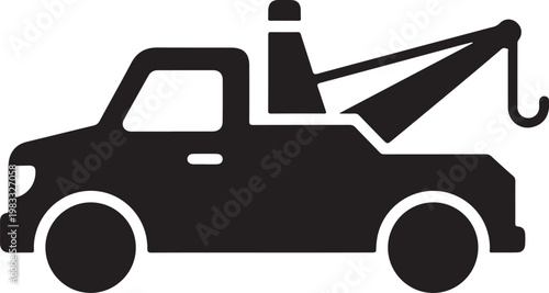 Tow truck, vehicle rescue icon, black silhouette, flat design, transportation symbol