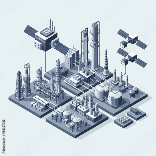 Isometric illustration of an industrial complex with oil rigs, refineries, and satellites in a blue-toned color scheme.