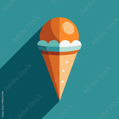 A flat design illustration of an orange-flavored ice cream cone with cream and sprinkles, casting a long shadow on a teal background.