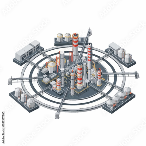 Isometric view of a complex industrial oil refinery complex with pipelines and storage tanks.