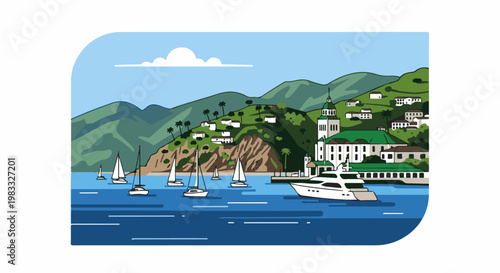Sailboats and a yacht adorn a bay with a hillside town and lush green mountains