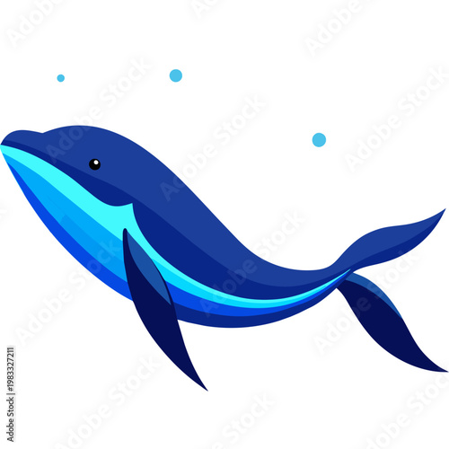 A stylized illustration of a blue whale, showing varying shades of blue, swimming gracefully in an isolated white space with small floating water droplets.