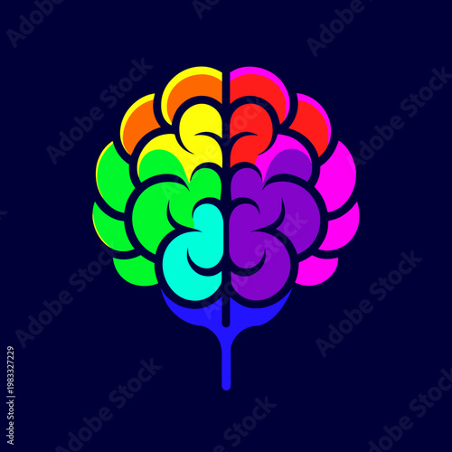 A vibrant, graphic illustration of a stylized human brain, separated into its left and right hemispheres, rendered in a full spectrum of rainbow colors against a dark blue background.