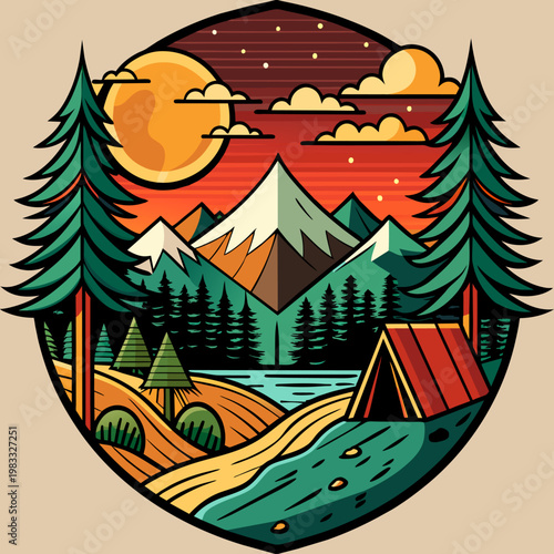 A detailed, emblem-style illustration depicting a cozy campsite with a red tent, nested within a valley of mountains, evergreen trees, and a lake under a colorful sunset sky.