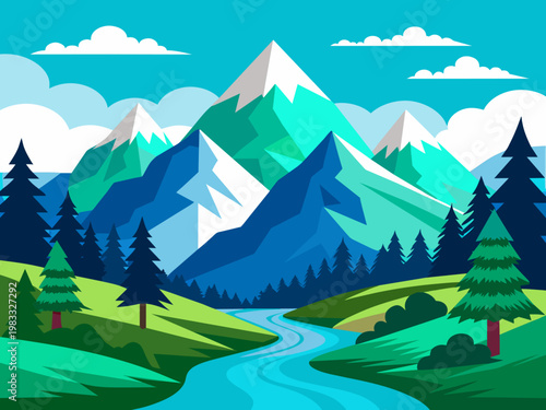 A clean, geometric flat-style vector landscape illustration of snow-capped mountains and a winding river flowing through green fields and pine forests under a bright blue cloudy sky.