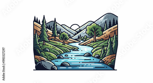 A winding river flows through a stylized mountainous landscape with trees