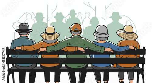 Five figures in hats sit together on a park bench, embracing each other