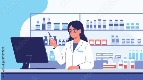 Professional female pharmacist in a white coat working at a pharmacy counter while holding a bottle of medicine.