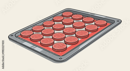 Flat lay isometric view of a baking sheet filled with uncooked burger patties