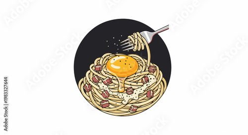 Close up of delicious pasta with a raw egg yolk, bacon, and pepper