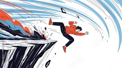 Man falling from the edge of a steep rocky cliff into an abyss symbolizing danger, failure, or a life crisis.