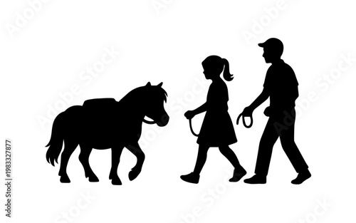 Child girl leading pony with man walking