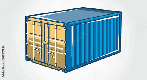 Cartoon shipping container, beige side with blue fluted side