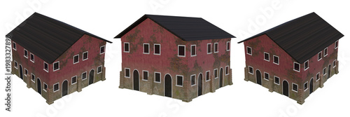 Rustic red farm house miniature models, set of 3 vintage barn buildings with stone foundations, weathered rural architecture for diorama isolated on White Background