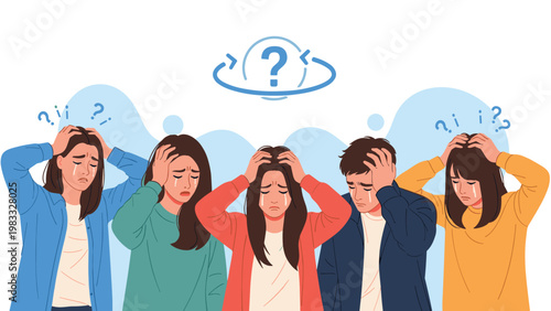 Diverse group of people holding their heads and crying in despair because of failure, stress, or psychological problems.