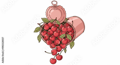 A vintage style illustration of a pink opened tin overflowing with bright red cherries