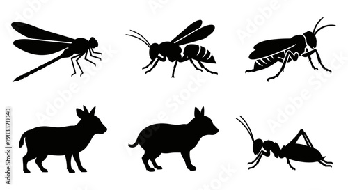 Collection of various animal and insect silhouettes: dragonfly, wasp, grasshopper, ant, donkey, cat