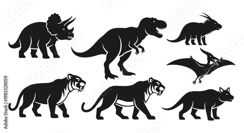 Collection of various animal silhouettes including dinosaurs and wild predators vector set