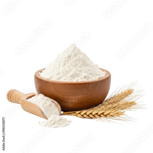 Wooden bowl of flour with scoop and wheat ears  isolated on a transparent background