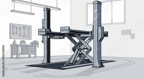 Interior of a workshop with a vehicle lift and tool bench