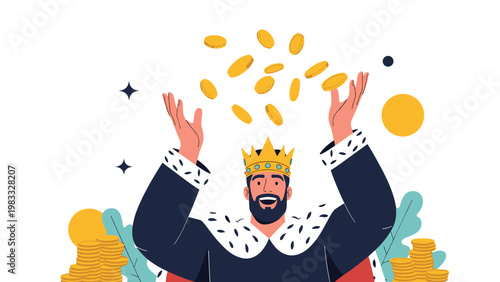Joyful king wearing a crown and royal cape throwing gold coins in the air to celebrate wealth and prosperity.