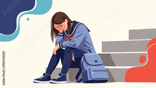 Depressed schoolgirl in a uniform sitting on stairs and crying while feeling lonely, bullied, or failing exams.