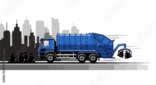 Blue garbage truck collects trash bags against a city skyline
