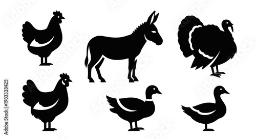 Farm Animal Silhouettes Collection: Chicken, Donkey, Turkey, Hen, Duck, Goose Icons