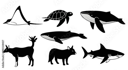 Diverse Wildlife Silhouettes Collection: Marine and Land Animals Vector Set