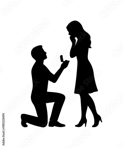Man kneeling proposing marriage silhouette holding engagement ring box