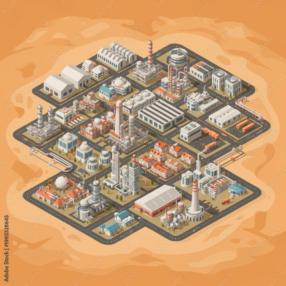 Obraz premium Isometric view of a sprawling industrial complex with various factories, warehouses, and infrastructure.