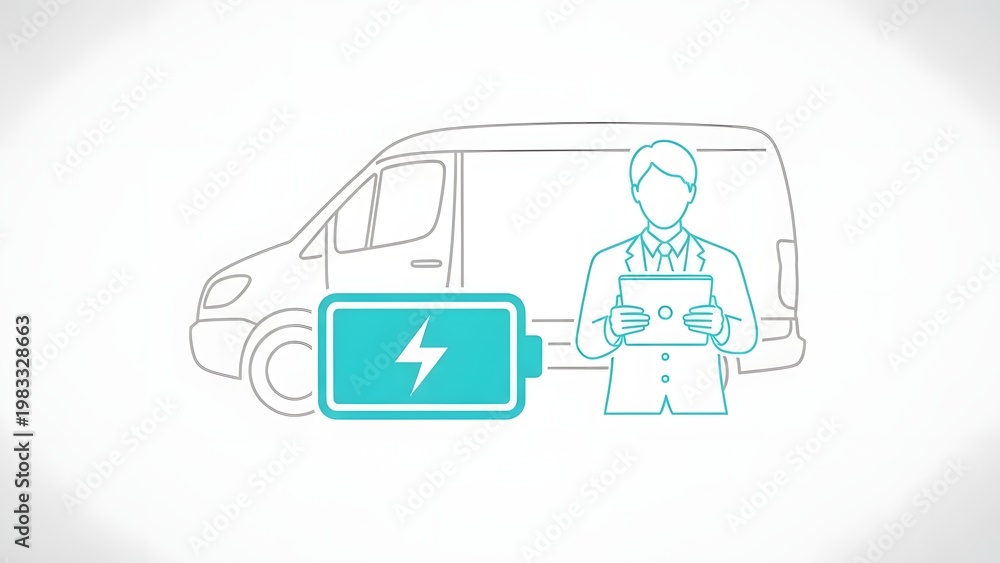 Fototapeta premium Electric Vehicle Charging Man Using Tablet Near Van in Modern Urban Environment