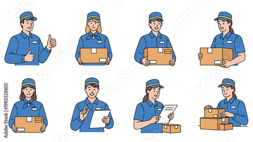Set of delivery service personnel characters in blue uniforms shown in various poses including holding parcels and checking documents.