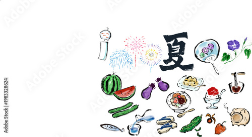 夏セット　筆書きイラスト