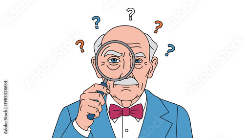 Curious elderly man wearing a blue suit and bow tie looking through a magnifying glass with several colorful question marks around him.