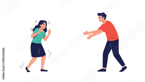 Fearful woman backing away with panic from an overly enthusiastic man who is reaching out toward her in an unwanted social interaction.