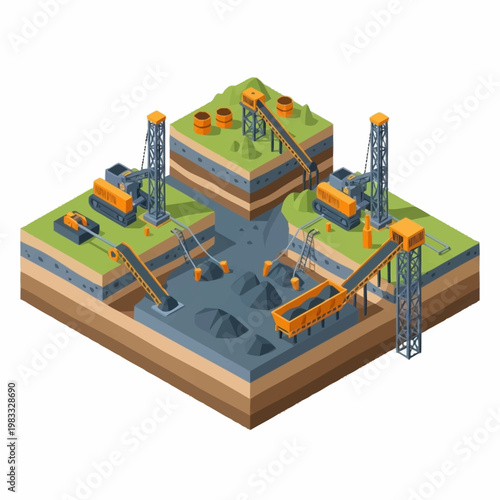 Isometric illustration of a coal mining operation with excavators, drills, and conveyor belts.