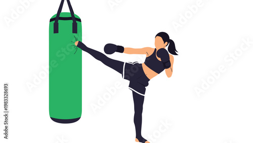 Fit young woman in black sportswear practicing her martial arts skills by performing a powerful high kick on a green heavy punching bag.