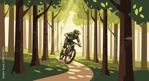 Mountain biker navigates sun-dappled forest trail